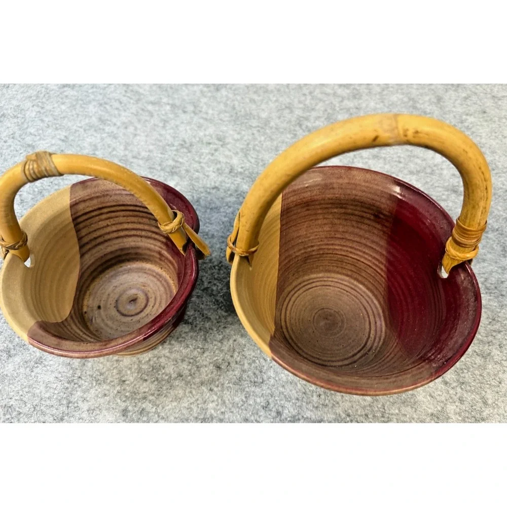 Vintage Bamboo Handle Pottery Baskets Made By Tennessee Potter